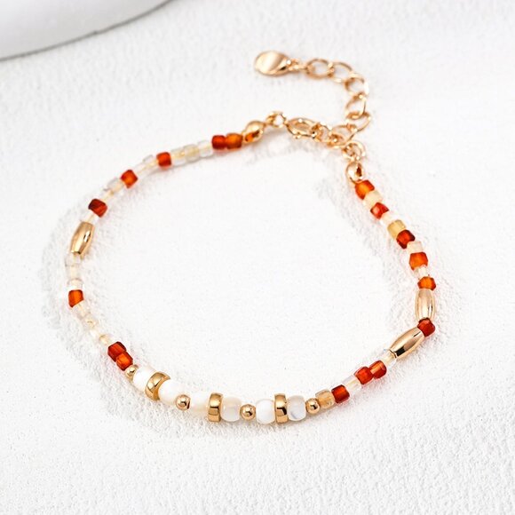925 Gold Red Agate & MOP Beaded Bracelet - Picture 1 of 4